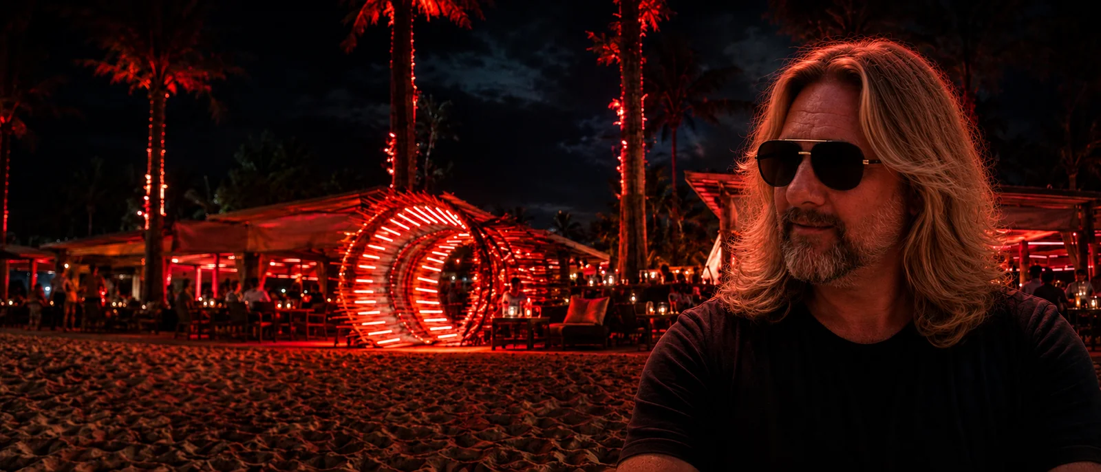 Red-lit palms at a beach club at night, with the artist on the right.
